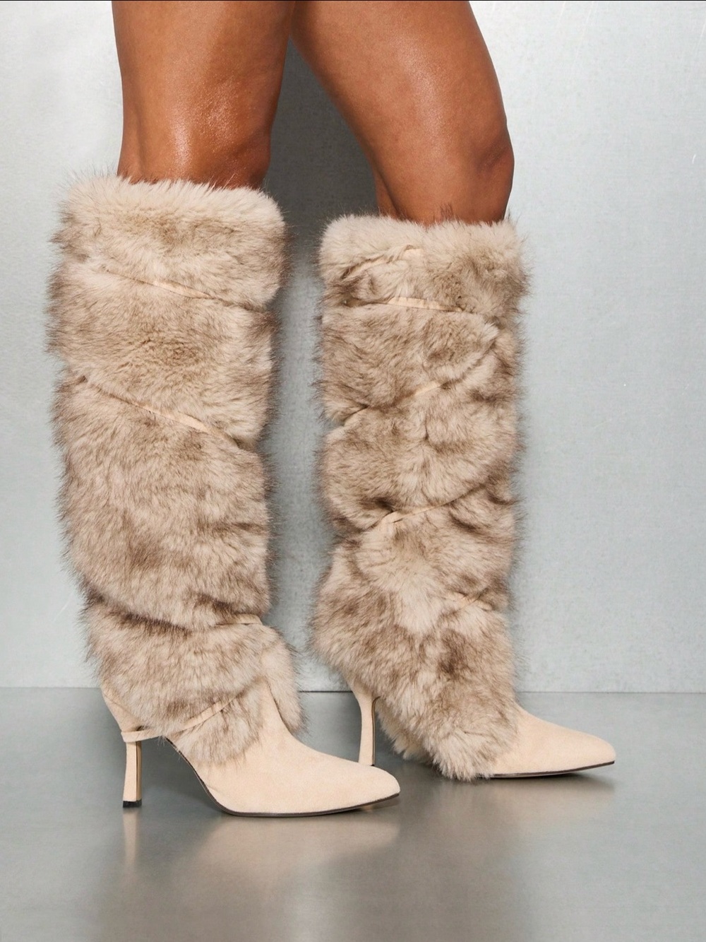 Faux Fur Slouch Knee-High Heeled Boots US 7